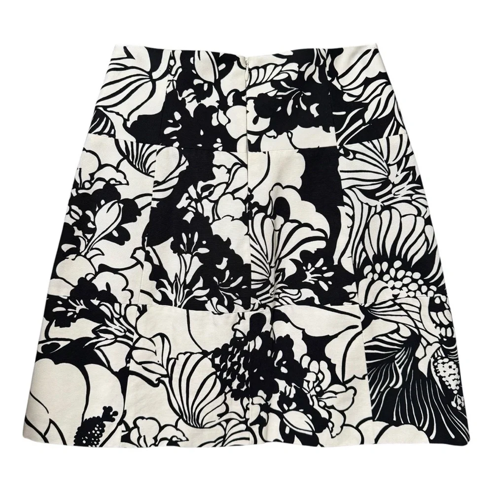 Elie Tahari Black White Floral Skirt Size 6 Tropical Print A-Line with Pockets